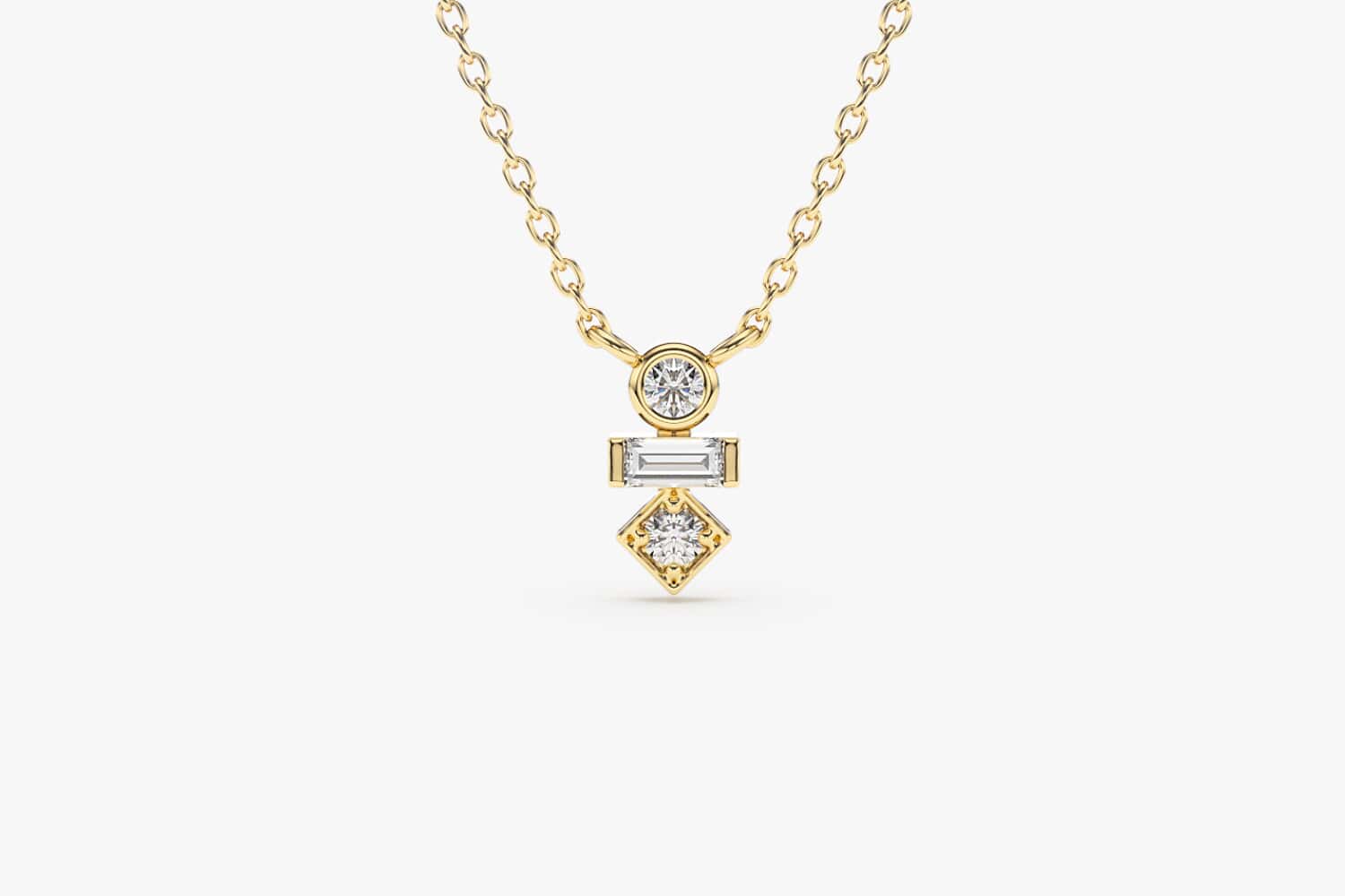 14K Triangle Shaped Round and Baguette Diamond Necklace 14K Gold / 14 Inches